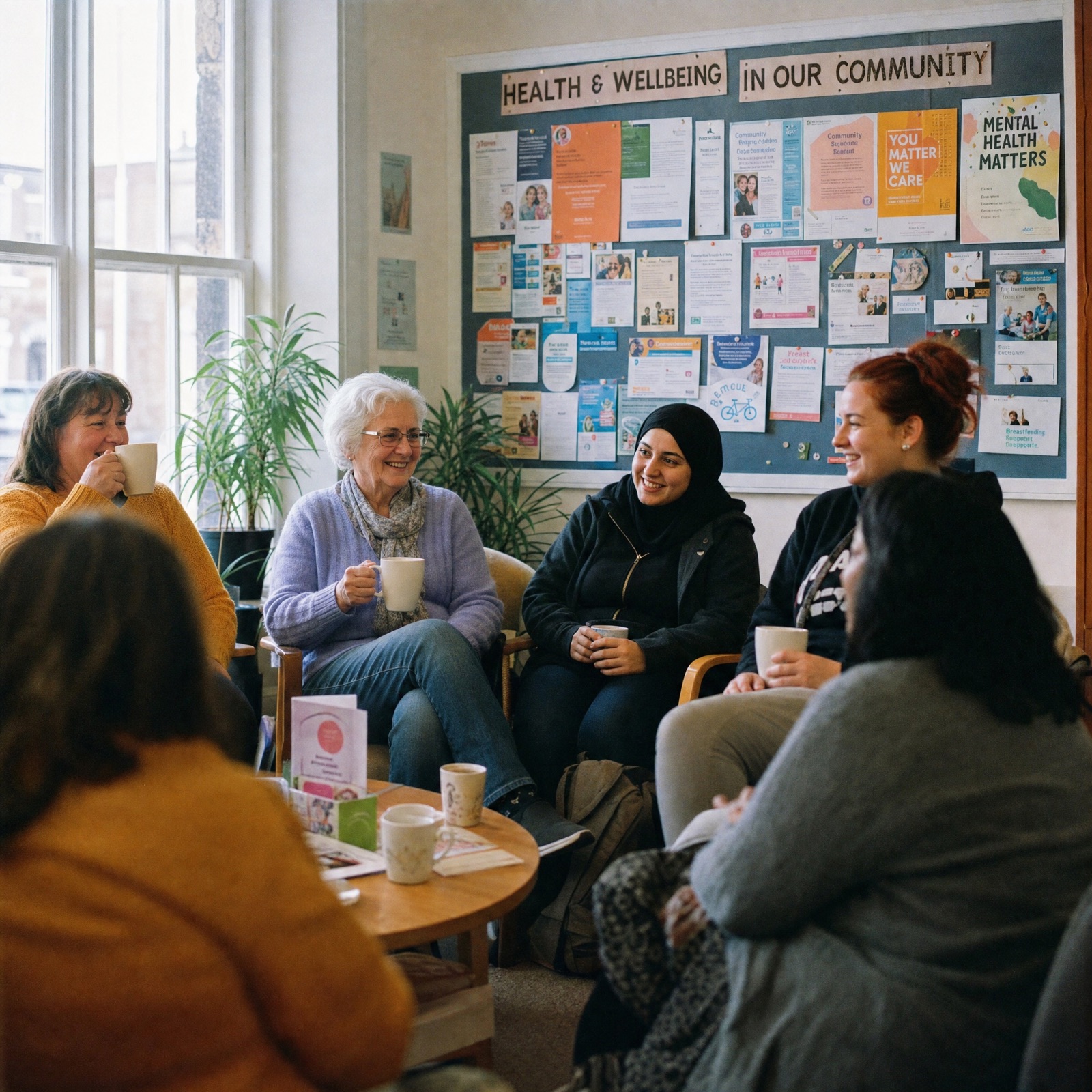 Workers listening to a health talk in an industrial warehouse canteen, Renfrew